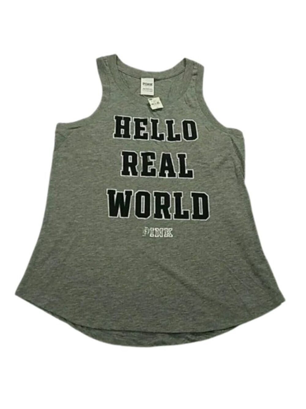 PINK Victoria’s Secret Hello Real World Graphic Tank Top Gray NWT